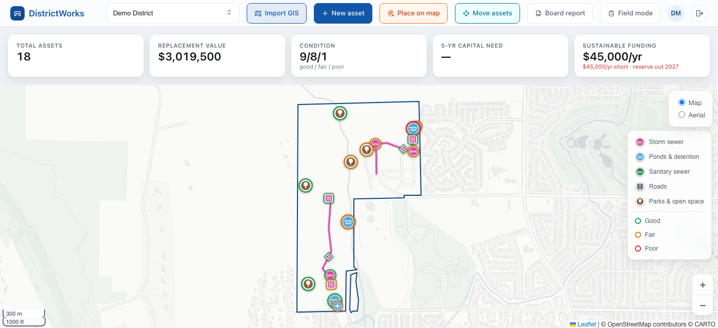 DistrictWorks map dashboard with stormwater assets and condition markers